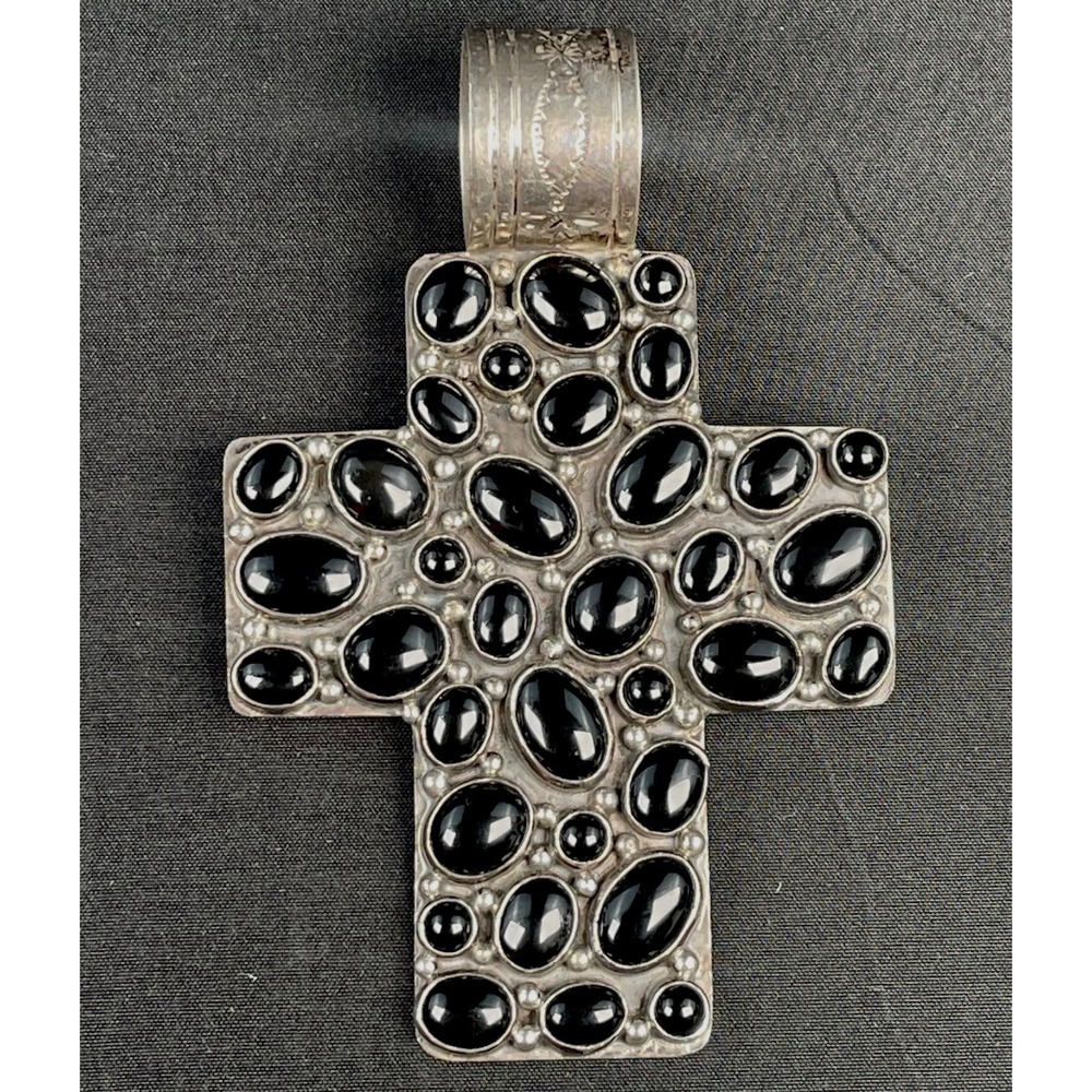 Nakai Navajo Sterling Black Onyx Massive 5in Cluster Cross Pendant 95.85g